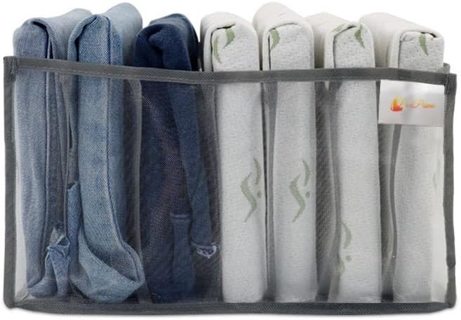 PrickPrime Clothes drawer organizer for Jeans, Upgraded Wardrobe clothes organizer with handle, foldable light grey size Medium, 7 Grids