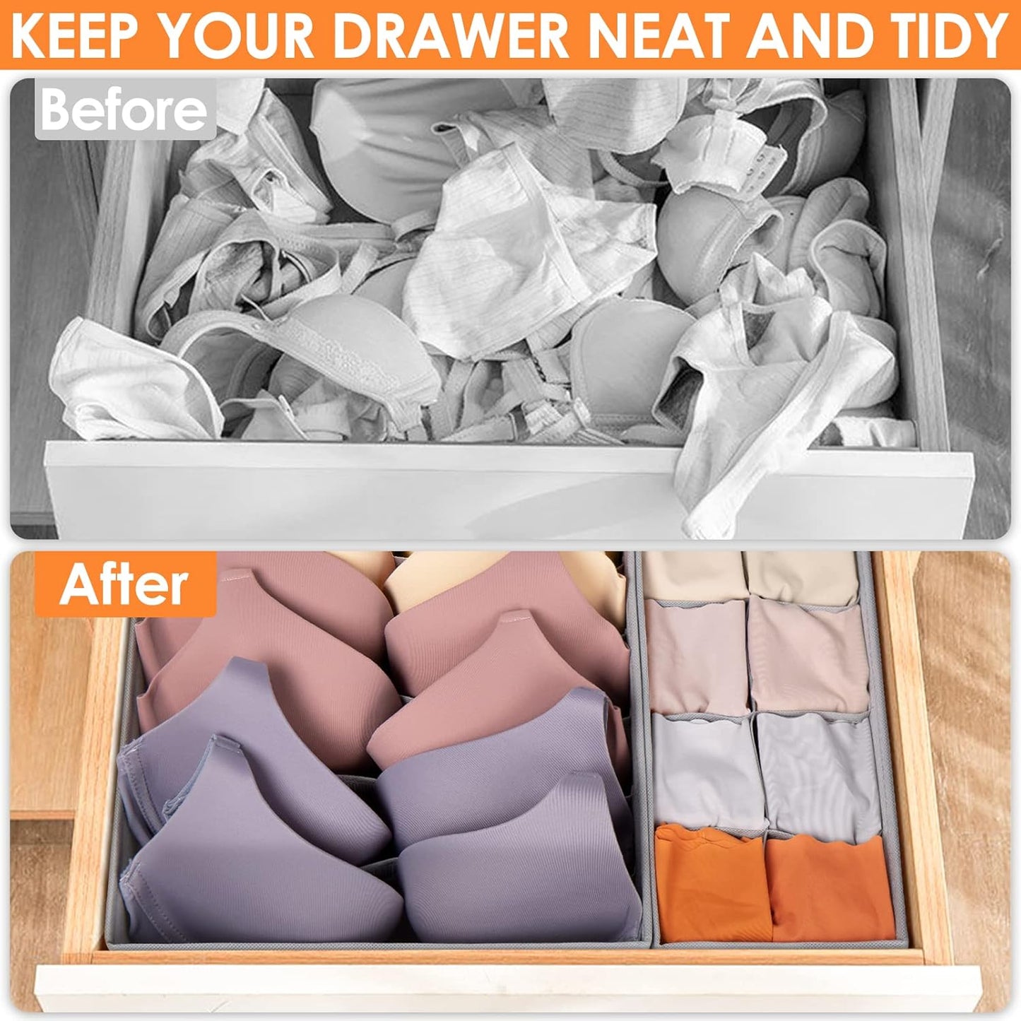 6 Pack Sock Underwear Drawer Organizer Dividers, 58 Cell Foldable Fabric Dresser Closet Organizers