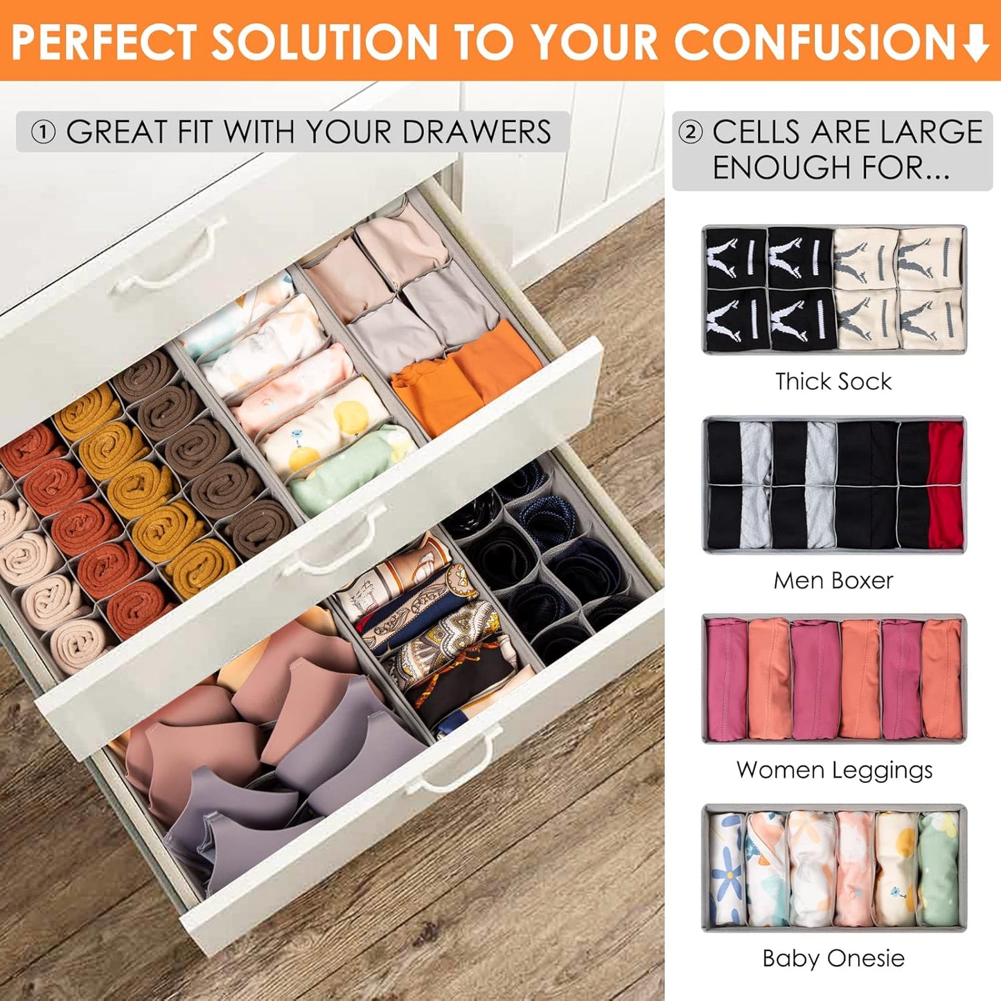 6 Pack Sock Underwear Drawer Organizer Dividers, 58 Cell Foldable Fabric Dresser Closet Organizers